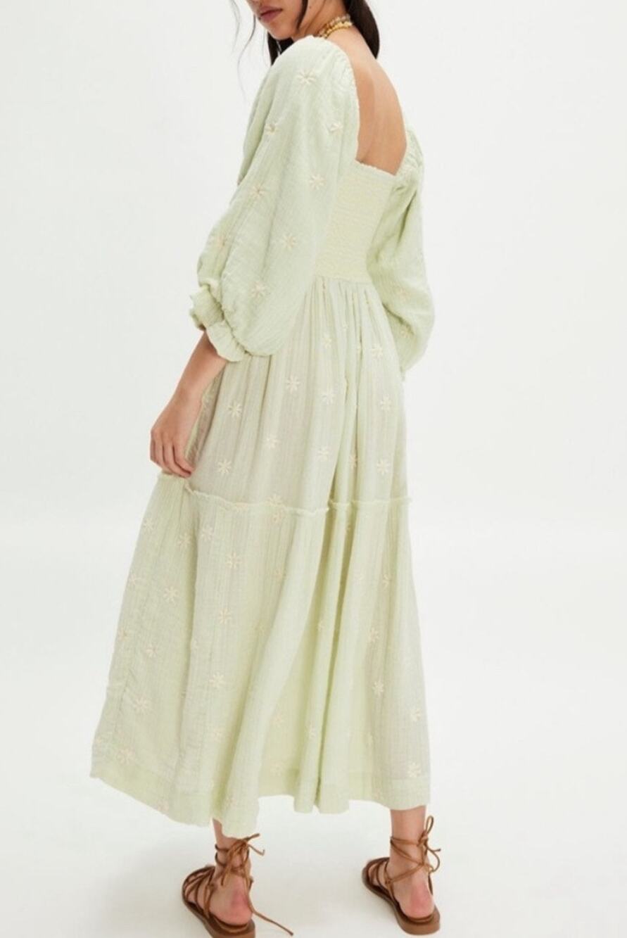 Free People Daisy Chain Midi Dress Ivory Embroidered Puff Sleeve Cottagecore XL